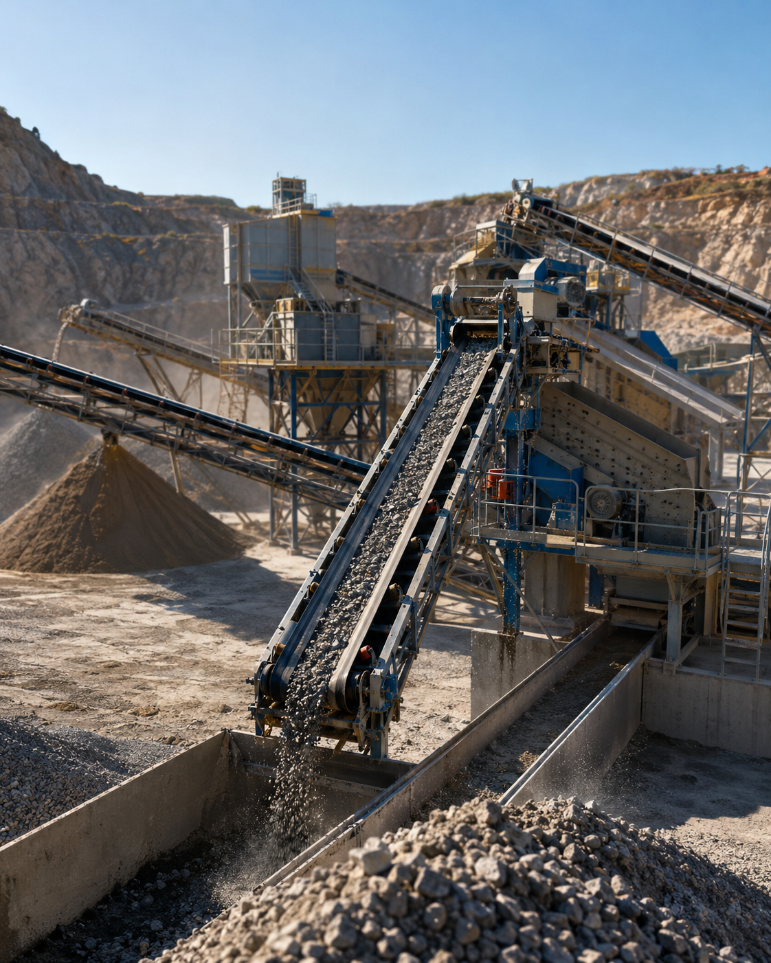 Mineração e pedreiras com transportadores e britagem