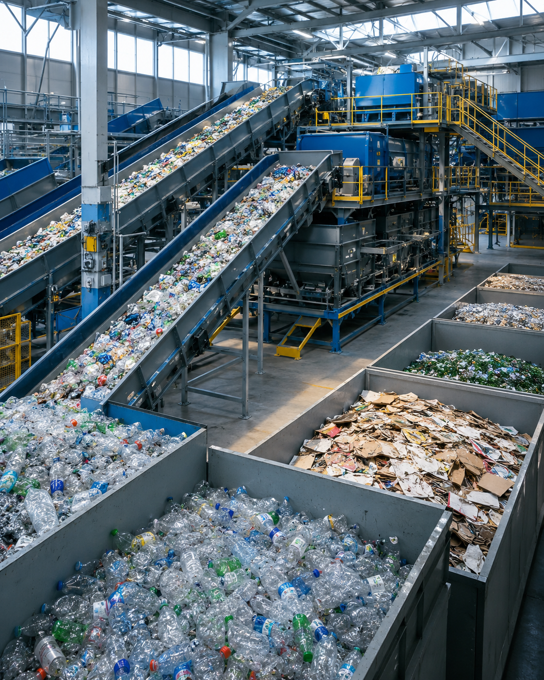 Planta industrial de reciclagem com esteiras
